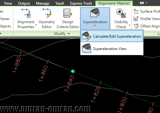 از ریبون روی Superelevation و سپس Calculate/Edit Superelevation کلیک کنید.