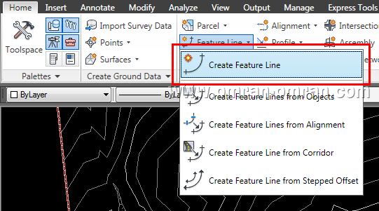 از ریبون و از تب Home، روی Create Feature Line کلیک کنید.