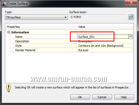 در پنجره ی Create Surface در قسمت Name تایپ کنید: Surface_001