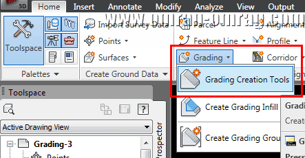 از تب Home گزینه Grading Creation Tools را پیدا کرده و انتخاب کنید.