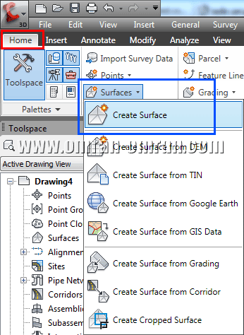 از طریق ریبون و در تب Home گزینه ی Surface و Create Surface را پیدا کنید.