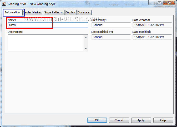 از تب Information برای Name از کلمه Ditch استفاده کنید.