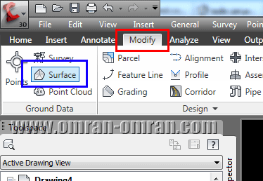 از ریبون و تب Modify روی Surface(کادر آبی) کلیک کنید.