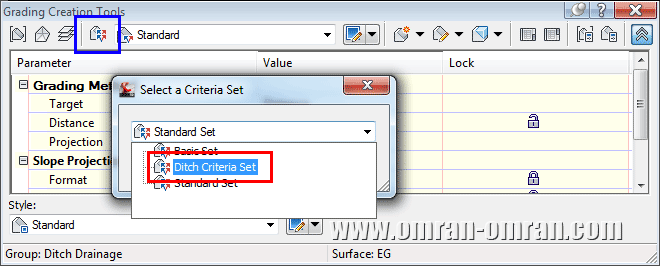ابتدا روی کادر آبی کلیک کنید. سپس از لیست Ditch Criteria Set را انتخاب کنید.