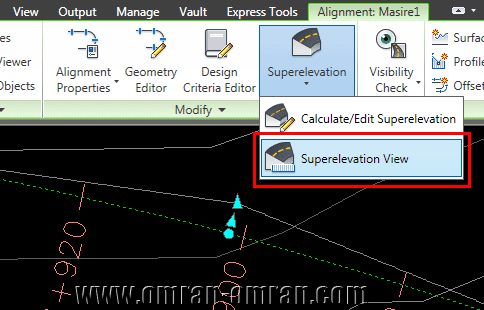 مجدداً روی Superelevation و اینبار روی Superelevation View کلیک کنید.